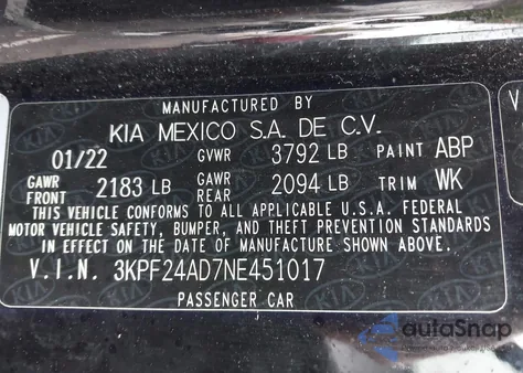 2022 Kia Forte Fe z USA, uszkodzony, nr VIN 3KPF24AD7NE451017